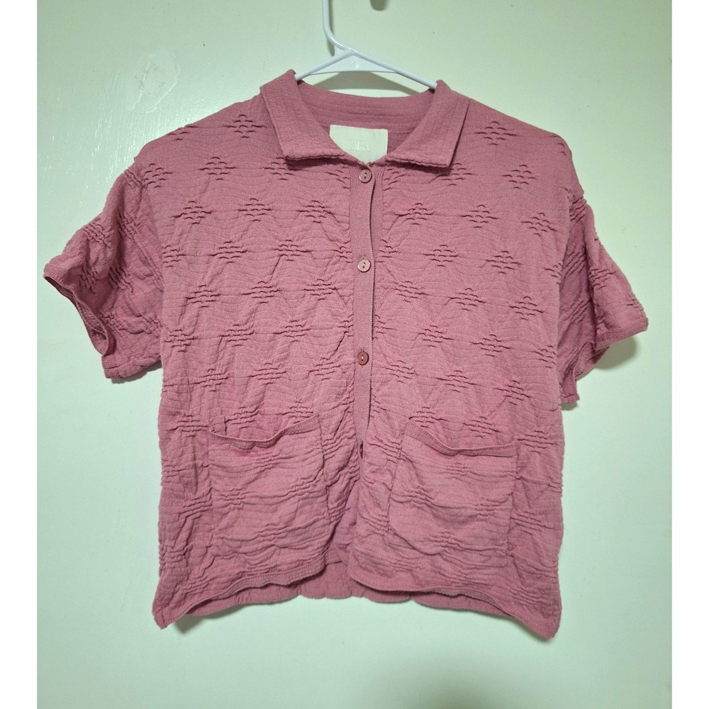 ZARA Girls 9-10 Years Pink Textured Collared Short Sleeve Knit Button-Up Shirt
